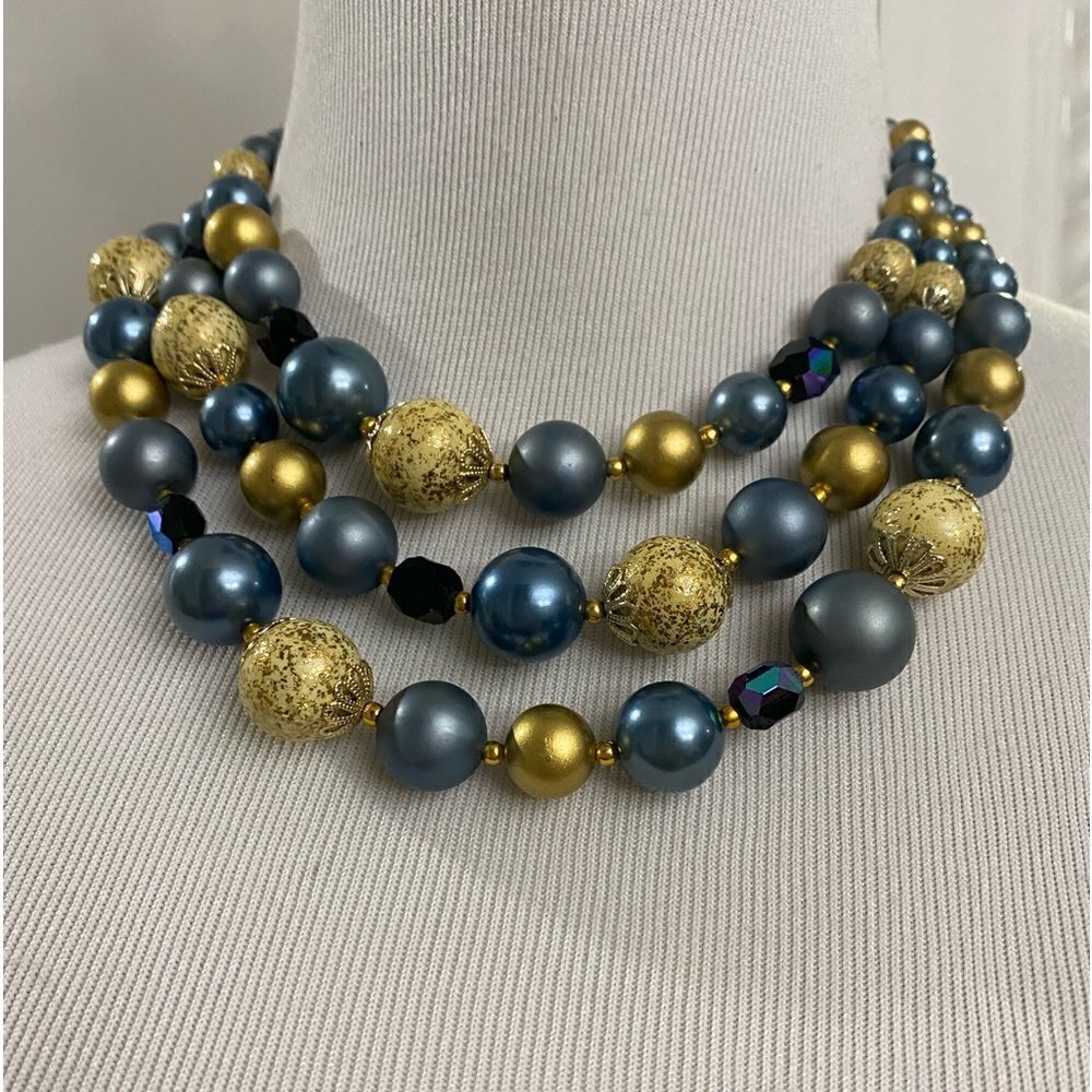 VINTAGE 60’s Blue & Gold Triple Strand Necklace and Clip On Earrings